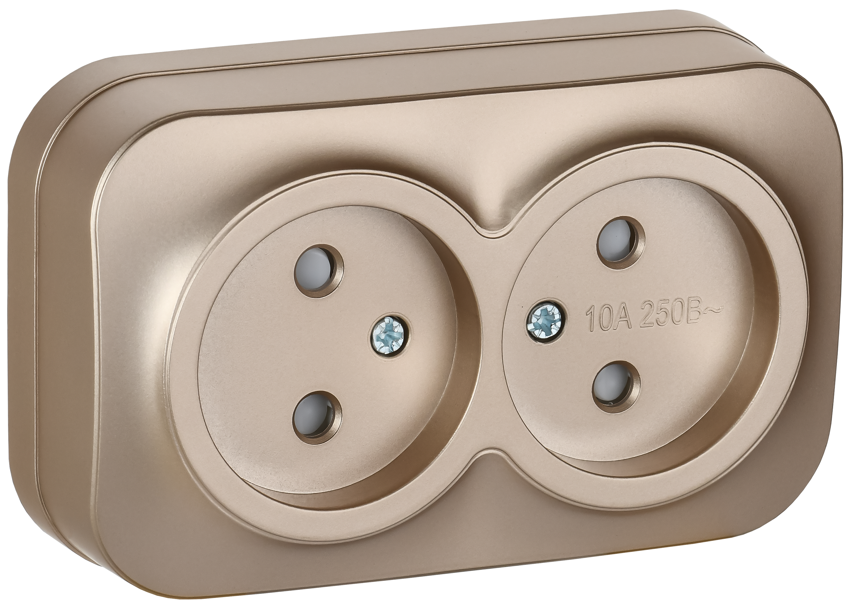 GLORY Розетка 2-местная для открытой установки без заземления с защитными шторками 10А РСш22-2-ХШм шампань матовый IEK ERH23-K37M-10