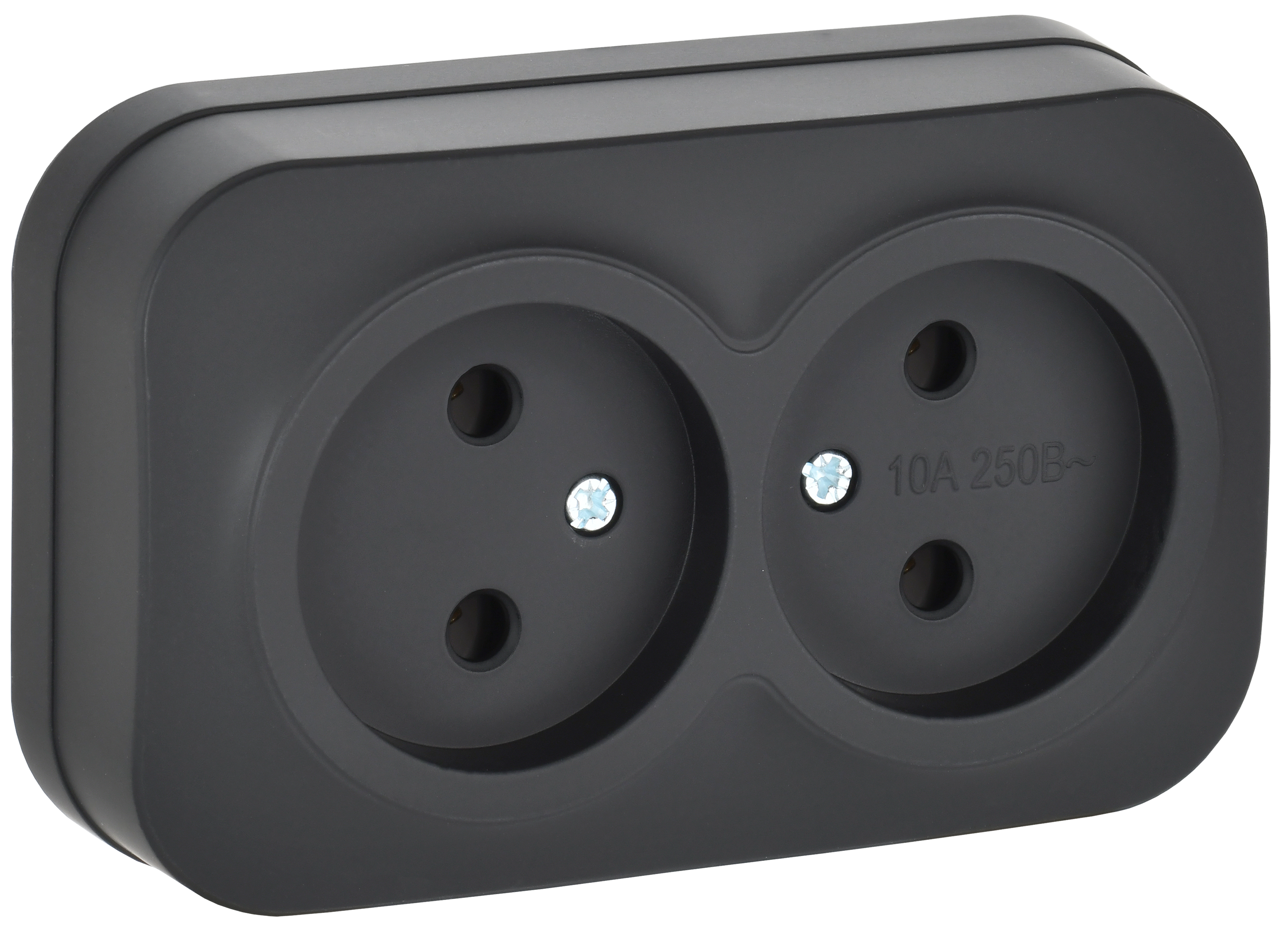 GLORY Розетка 2-местная для открытой установки без заземления без защитных шторок 10А РС22-2-ХЧм черный матовый IEK ERH20-K02M-10