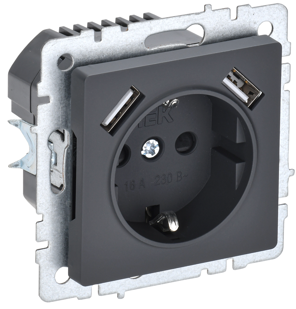 BRITE Розетка 1-местная с заземлением с защитными шторками 16А с USB A+A 5В 2,1А РЮш10-1-БрГ графит IEK BR-R14-16-U21-D21-K53