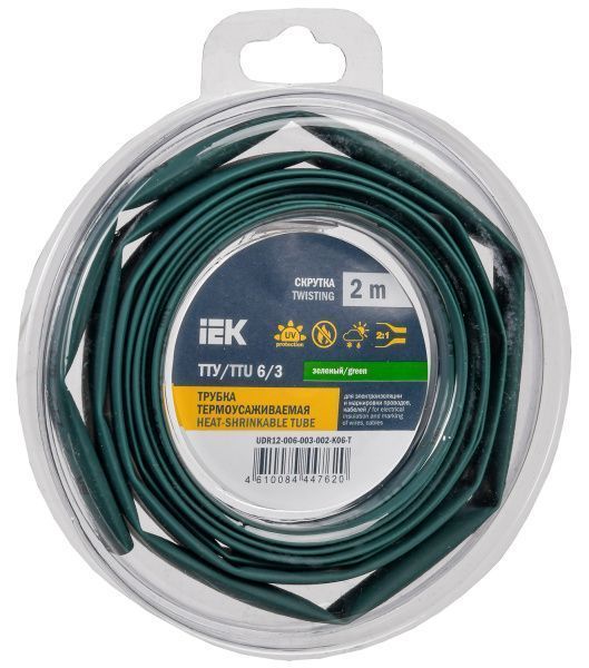 Трубка термоусадочная ТТУ нг-LS 6/3 зеленая (2м/упак) IEK UDR12-006-003-002-K06-T