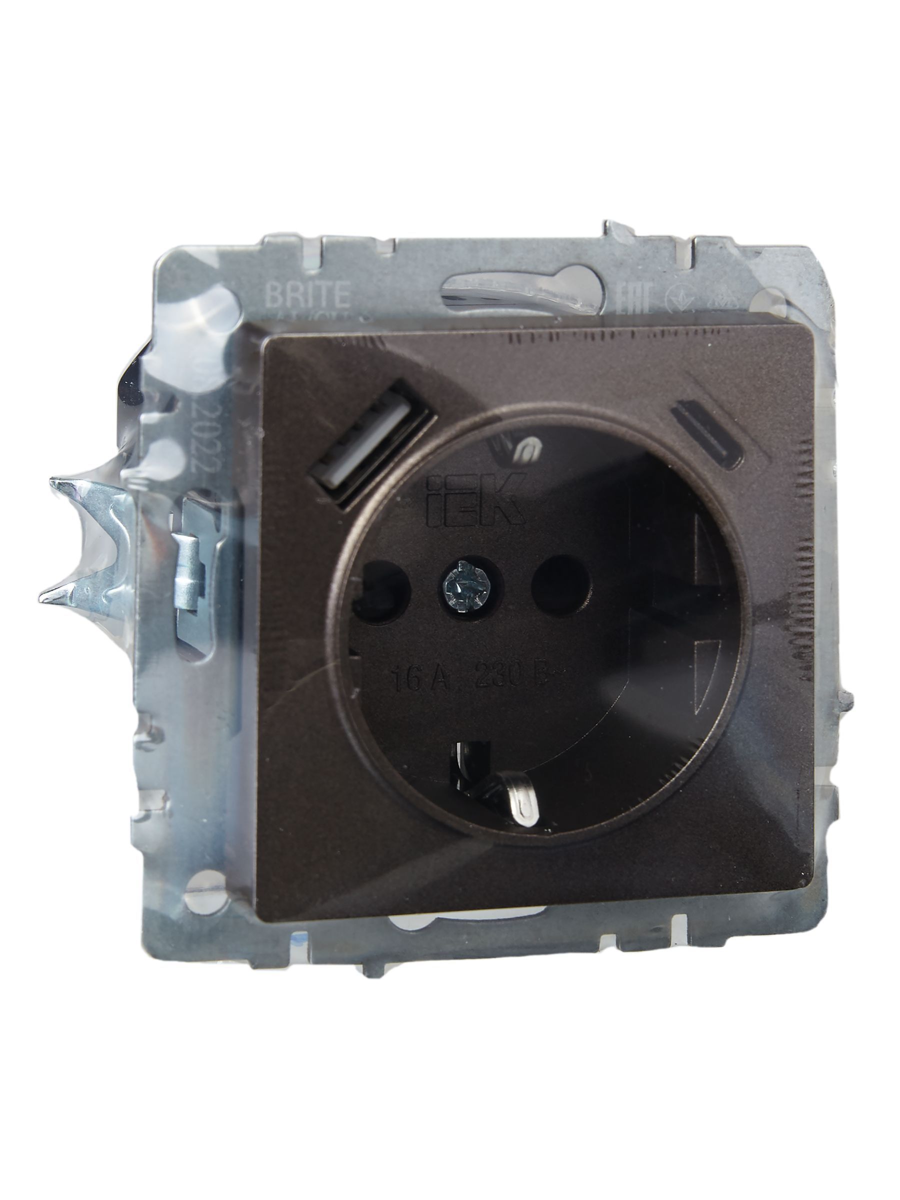 BRITE Розетка 1-местная с заземлением с защитными шторками 16А с USB A+C 18Вт РЮш11-1-БрТБ темная бронза IEK - Фото 4