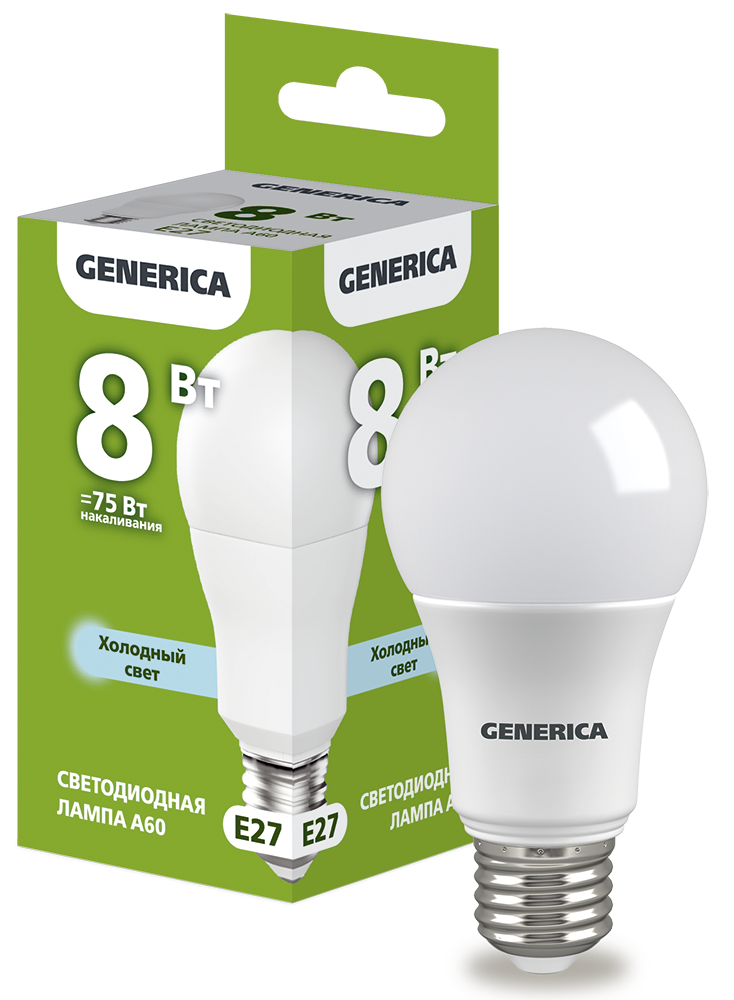 Лампа светодиодная A60 груша 8Вт 230В 6500К E27 GENERICA