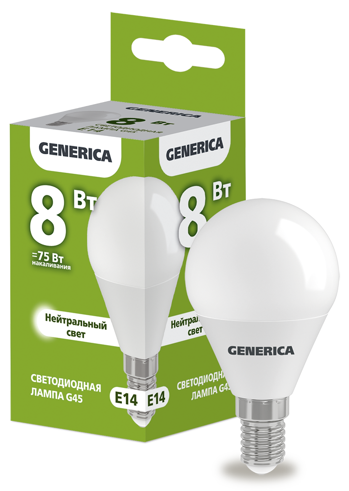 Лампа светодиодная G45 шар 8Вт 230В 4000К E14 GENERICA