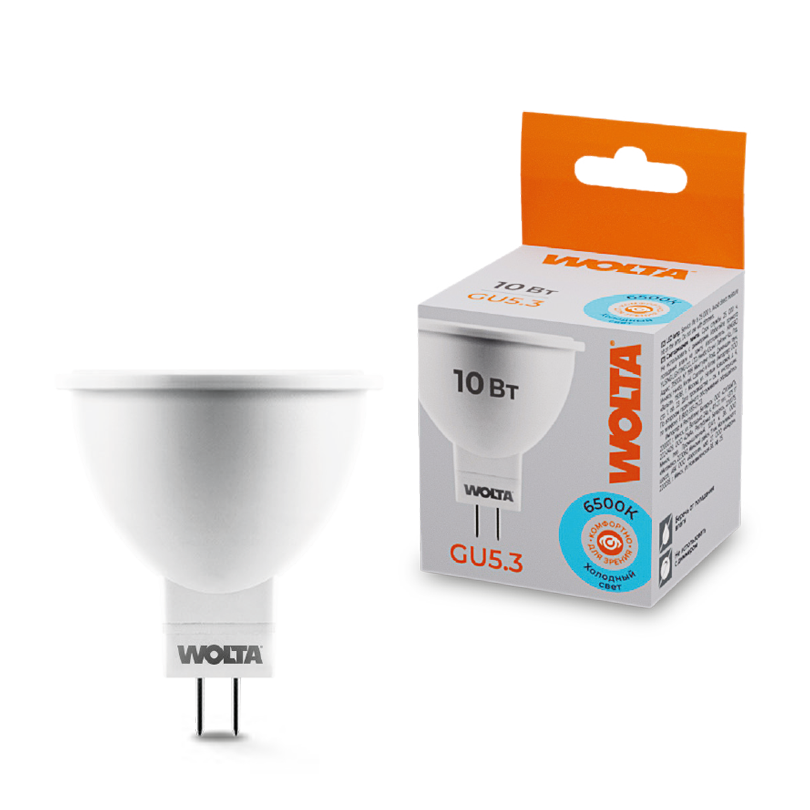 Лампа светодиодная WOLTA GU5.3 MR16 10Вт 825лм 6500К (50шт/уп) 25WMR16-220-10GU5.3
