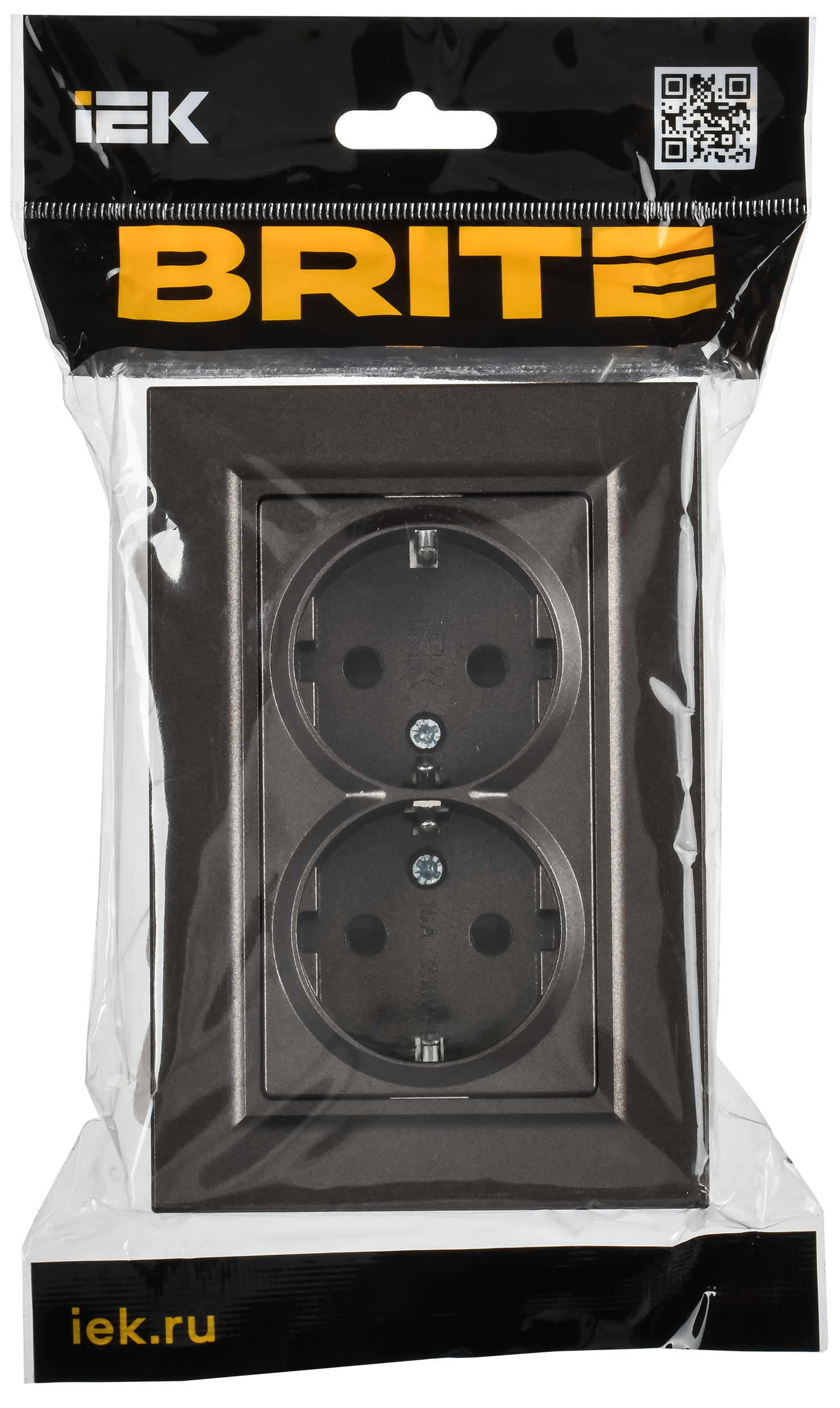 BRITE Розетка 2-местная с заземлением с защитными шторками плоская 16А в сборе РСшПл12-3-БрТБ темная бронза IEK - Фото 2
