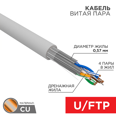 Кабель витая пара, U/FTP, CAT 6A, ZH нг(А)-HF (LSZH), 4х2х0,57 мм, 23AWG, INDOOR, SOLID, серый, 305м REXANT PRO 02-0321