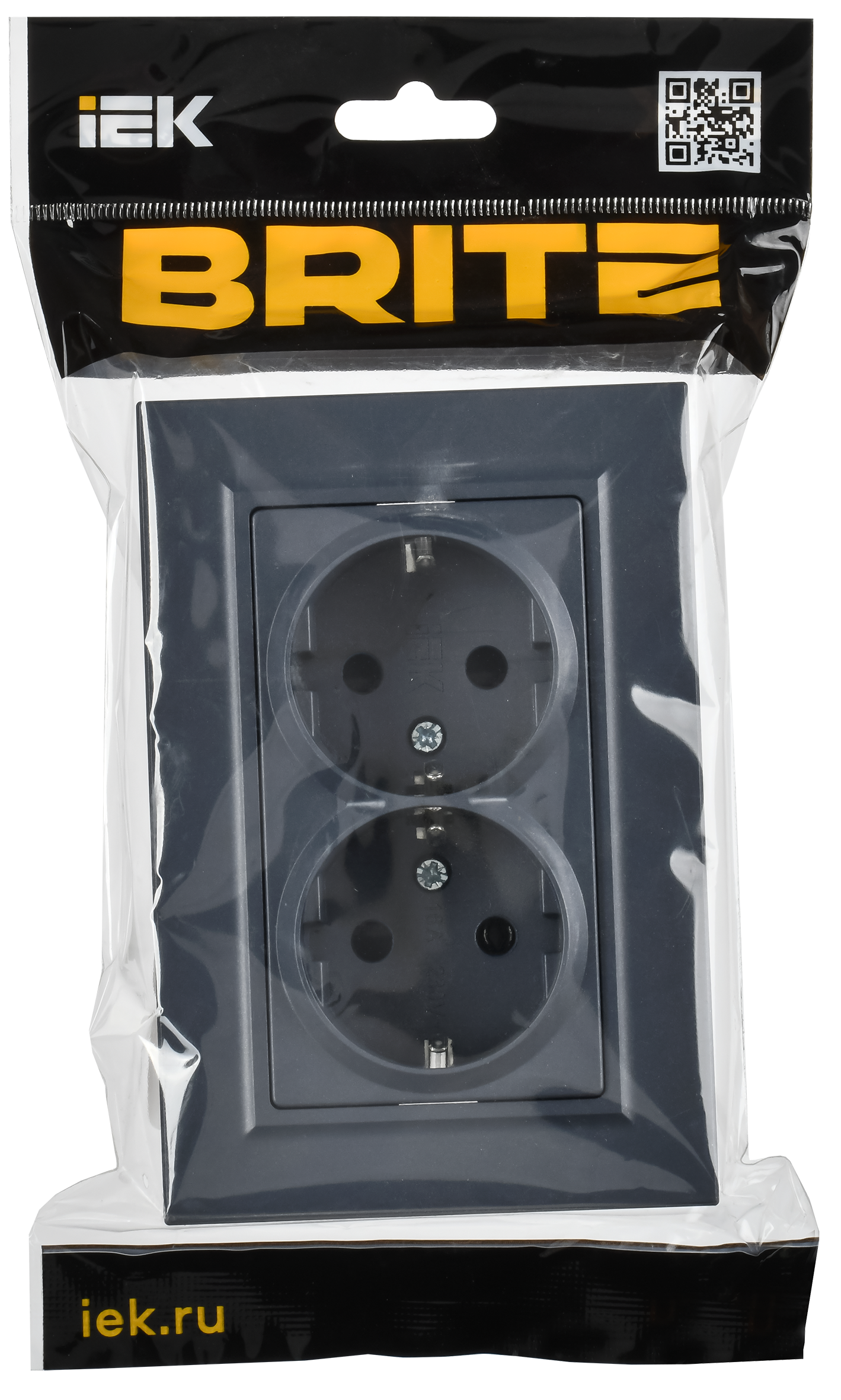 BRITE Розетка 2-местная с заземлением с защитными шторками плоская 16А в сборе РСшПл12-3-БрМ маренго IEK - Фото 2