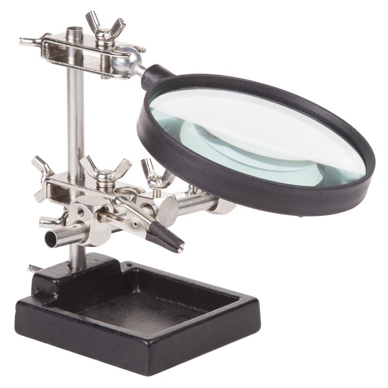 Держатель Третья рука, 2 зажима, лупа 90мм (3х), чугун REXANT 12-0254