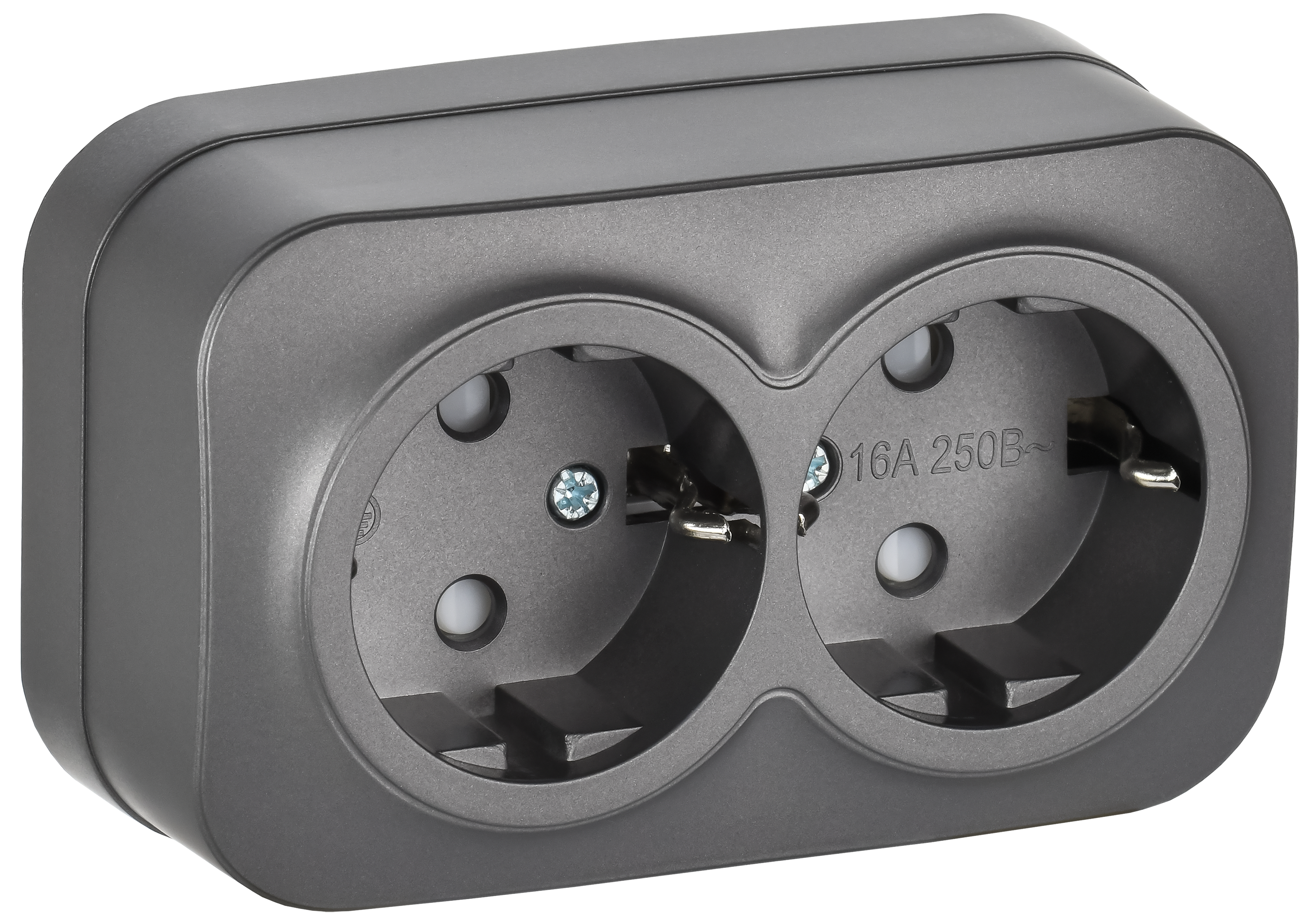 GLORY Розетка 2-местная для открытой установки с заземлением с защитными шторками 16А РСш22-3-ХСм сталь матовый IEK ERH24-K46M-16