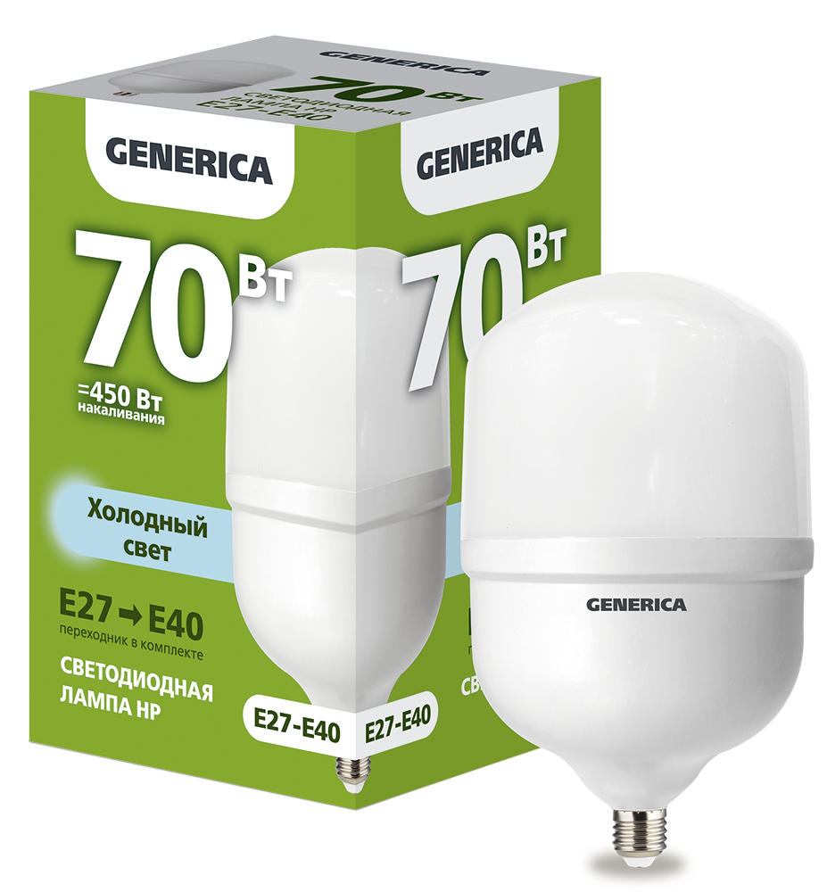 Лампа светодиодная HP 70Вт 230В 6500К E27-E40 GENERICA LL-HP-70-230-65-E27-E40-G