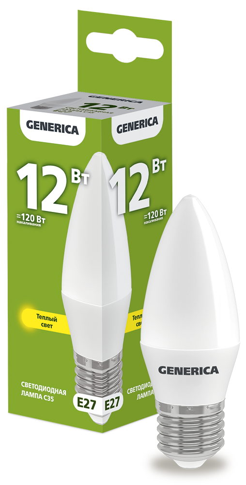 Лампа светодиодная C35 свеча 12Вт 230В 3000К E27 GENERICA LL-C35-12-230-30-E27-G
