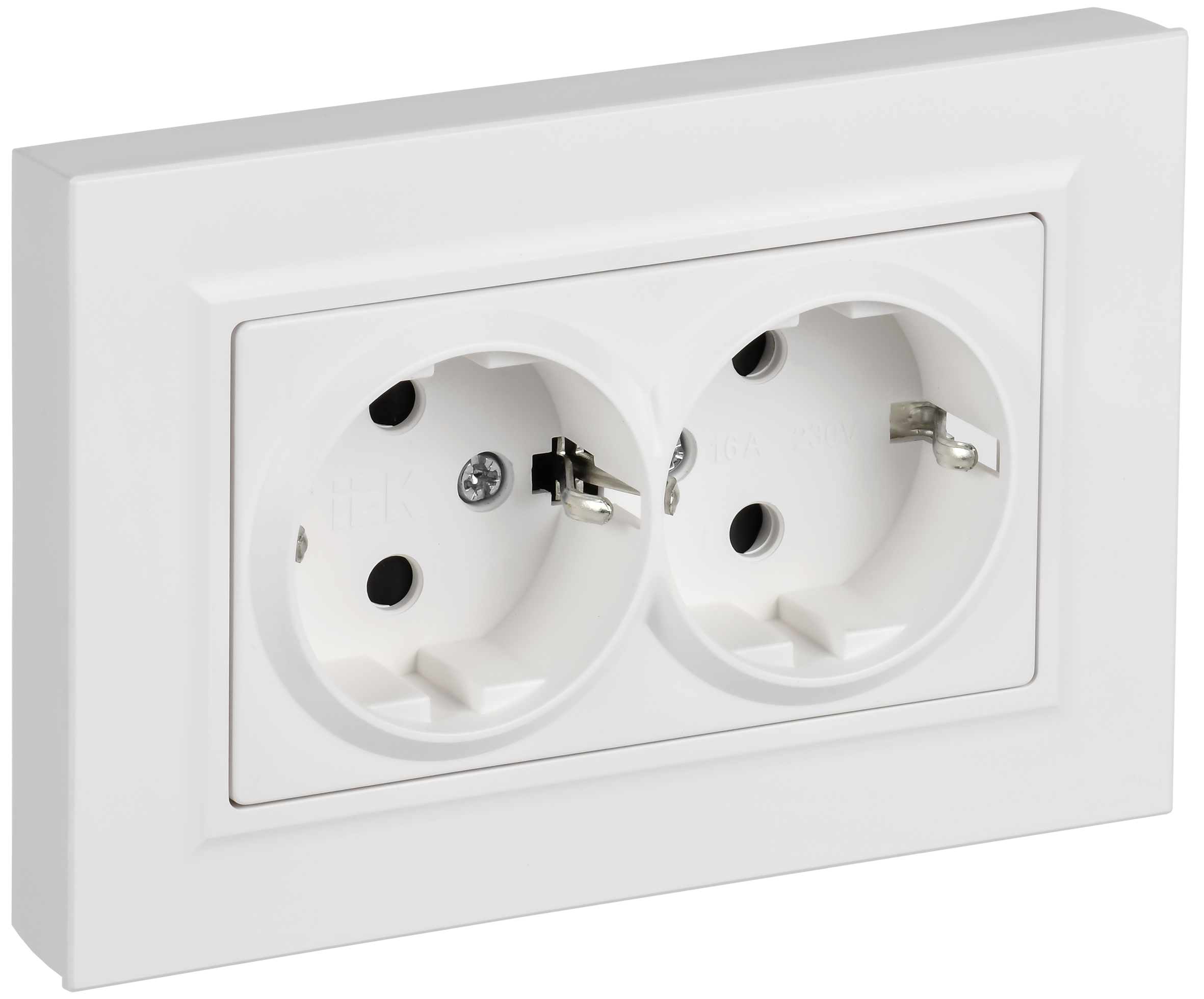 BRITE Розетка 2-местная с заземлением с защитными шторками плоская 16А в сборе РСшПл12-3-БрАБ арктический белый IEK BR-R28-16-K91-F