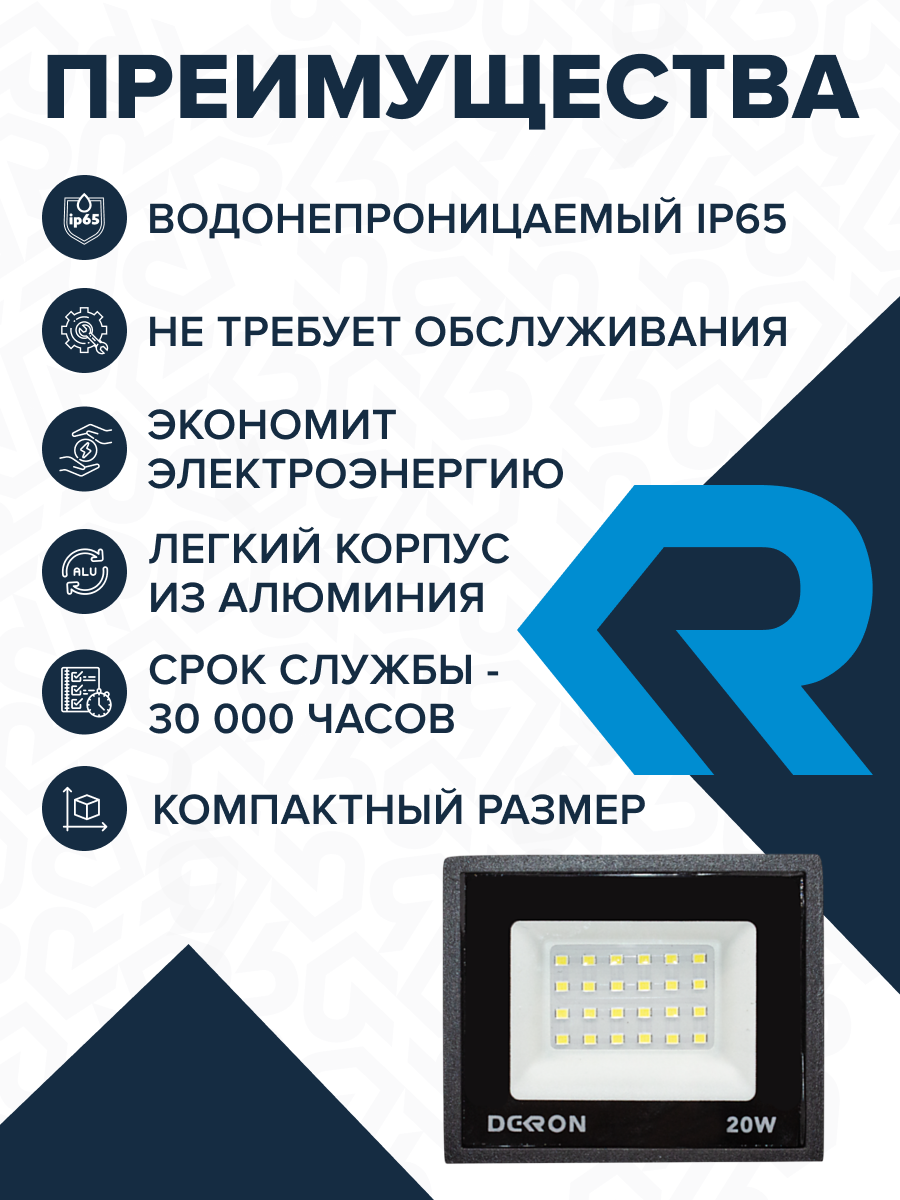 Прожектор светодиодный 20Вт, 1600лм, 6500K, черный,IP65 - Фото 2