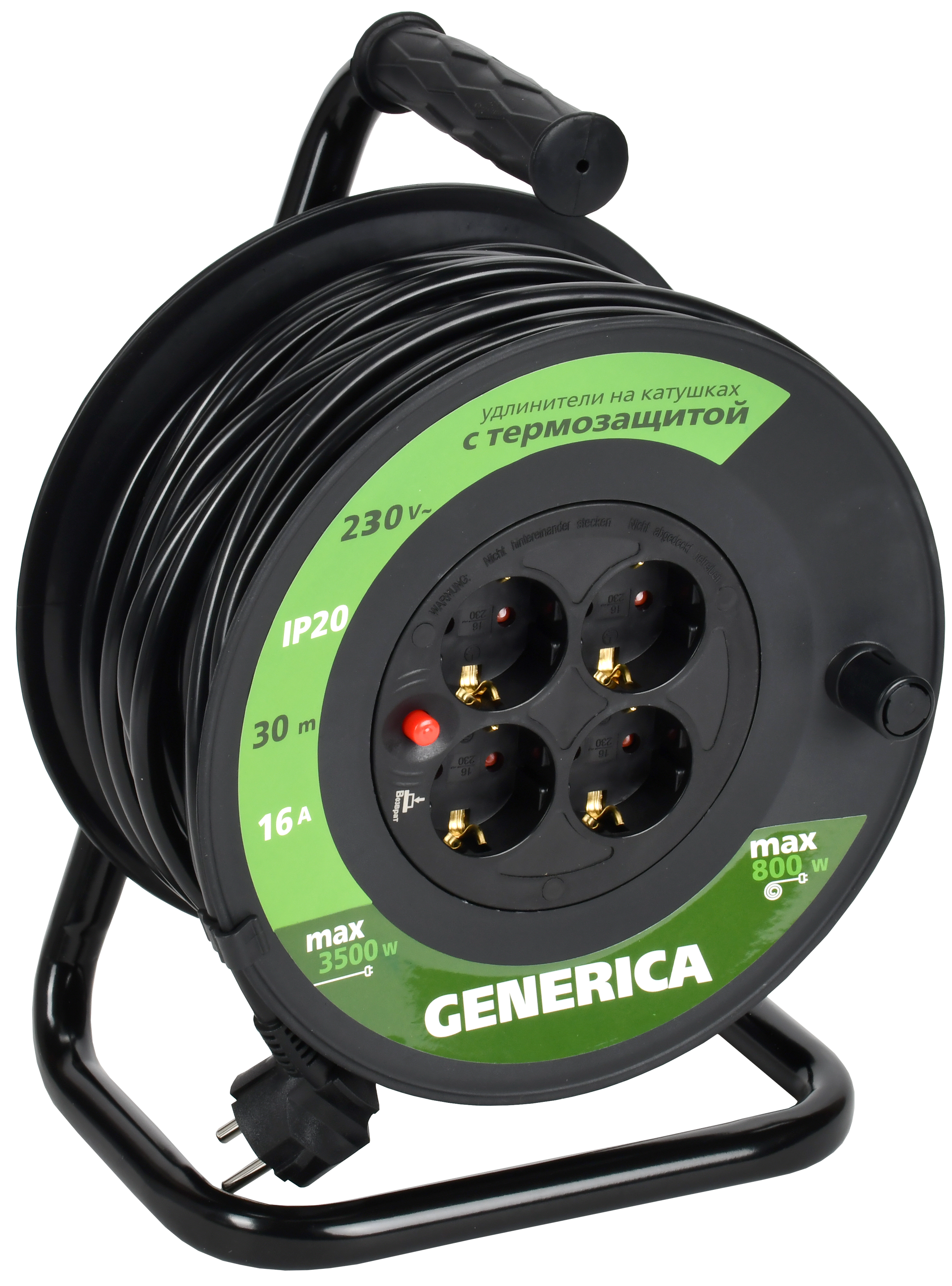 Катушка УК30 с термозащитой 4 места 2P+PE/30м 3х1,5мм2 GENERICA WKP20-16-04-30-G