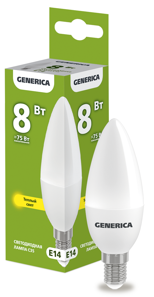 Лампа светодиодная C35 свеча 8Вт 230В 3000К E14 GENERICA LL-C35-08-230-30-E14-G