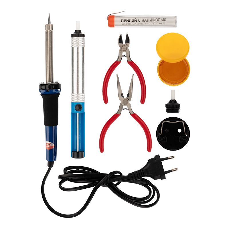 Набор для пайки №13 (паяльник 30Вт, подставка, канифоль, припой, бокорезы, тонкогубцы) REXANT 12-0166