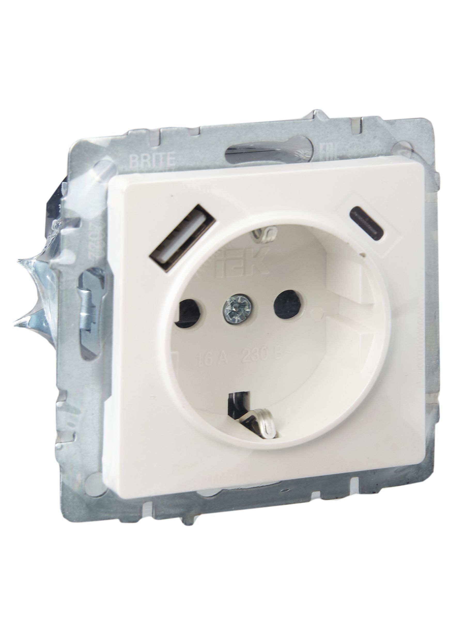 BRITE Розетка 1-местная с заземлением с защитными шторками 16А с USB A+C 18Вт РЮш11-1-БрЖ жемчуг IEK - Фото 5