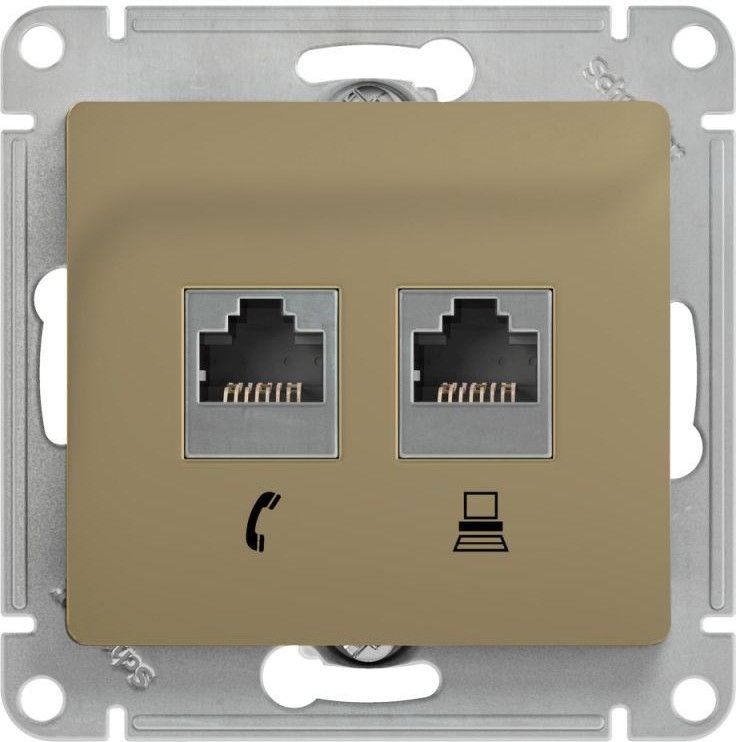 Розетка компьютерная + телефонная 2-м СП Glossa RJ45 + RJ11 кат.5E механизм титан SE GSL000485