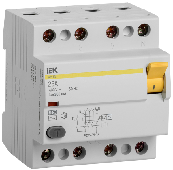 Выключатель дифференциальный (УЗО) ВД1-63 4Р 25А 300мА IEK