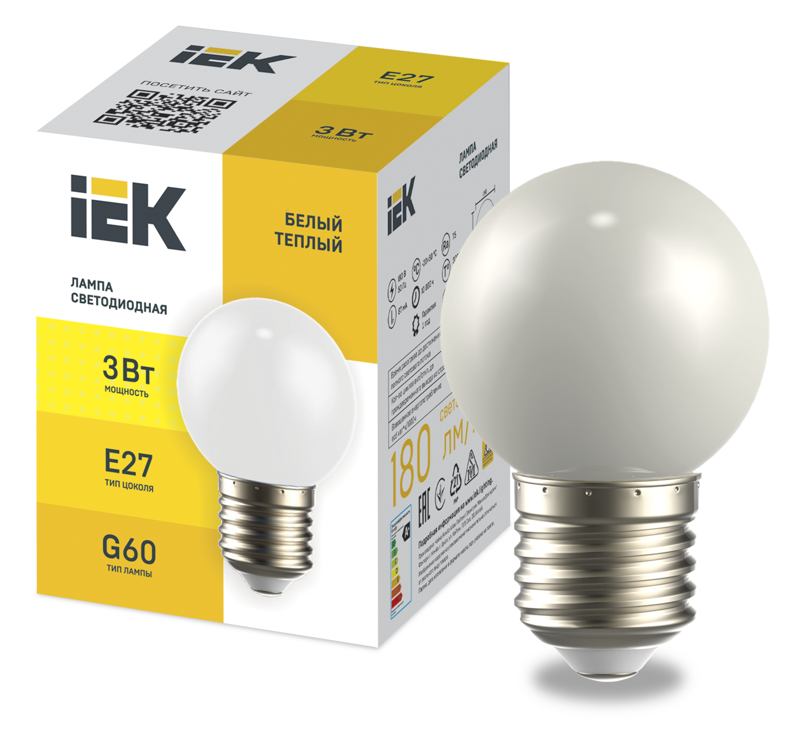 LIGHTING Лампа светодиодная декоративная G60 шар 3Вт 230В теплый белый E27 IEK LLE-G60-3-230-WW-E27