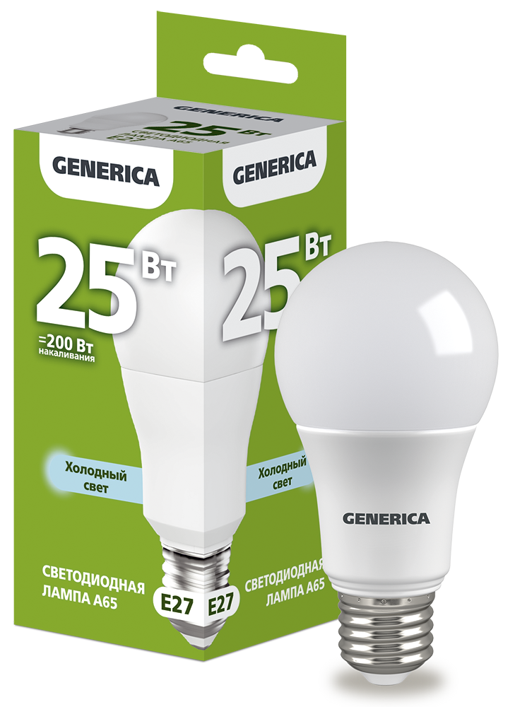 Лампа светодиодная A65 груша 25Вт 230В 6500К E27 GENERICA LL-A65-25-230-65-E27-G