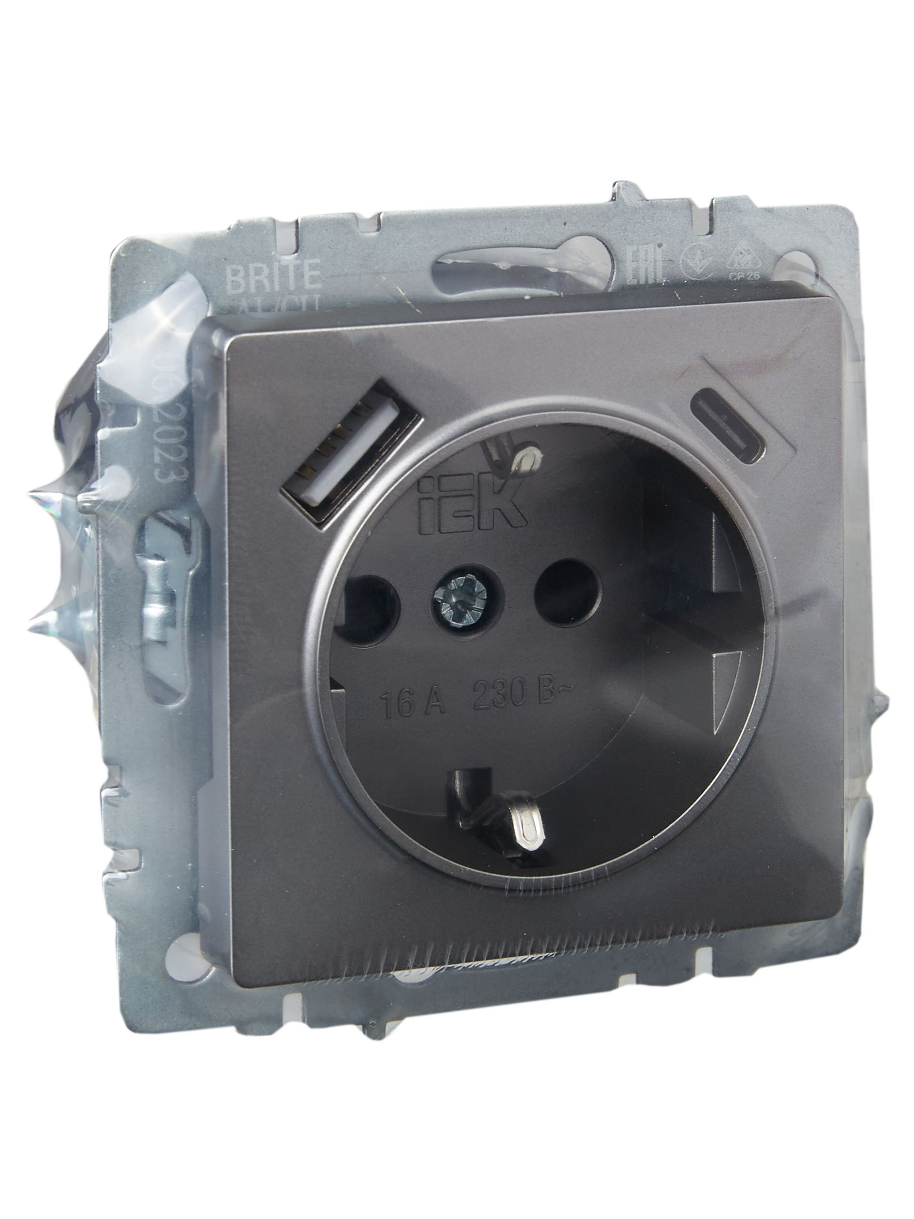 BRITE Розетка 1-местная с заземлением с защитными шторками 16А с USB A+C 18Вт РЮш11-1-БрС сталь IEK - Фото 8