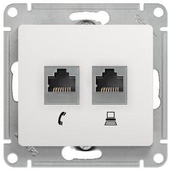 Розетка компьютерная + телефонная 2-м СП Glossa RJ45 + RJ11 кат.5E механизм бел. SE GSL000185