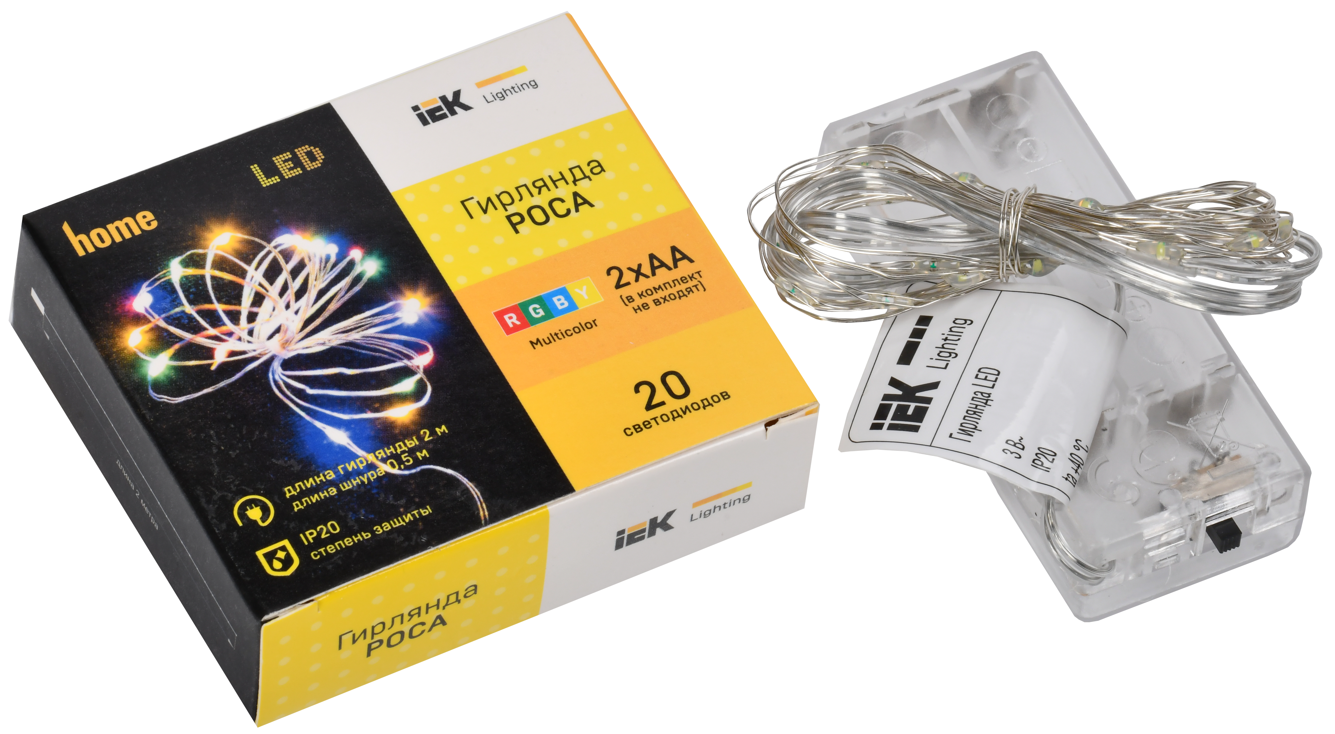 LIGHTING Гирлянда роса 2м 20 светодиодов RGBY IP20 прозрачный шнур 0,3м 2АА IEK - Фото 2