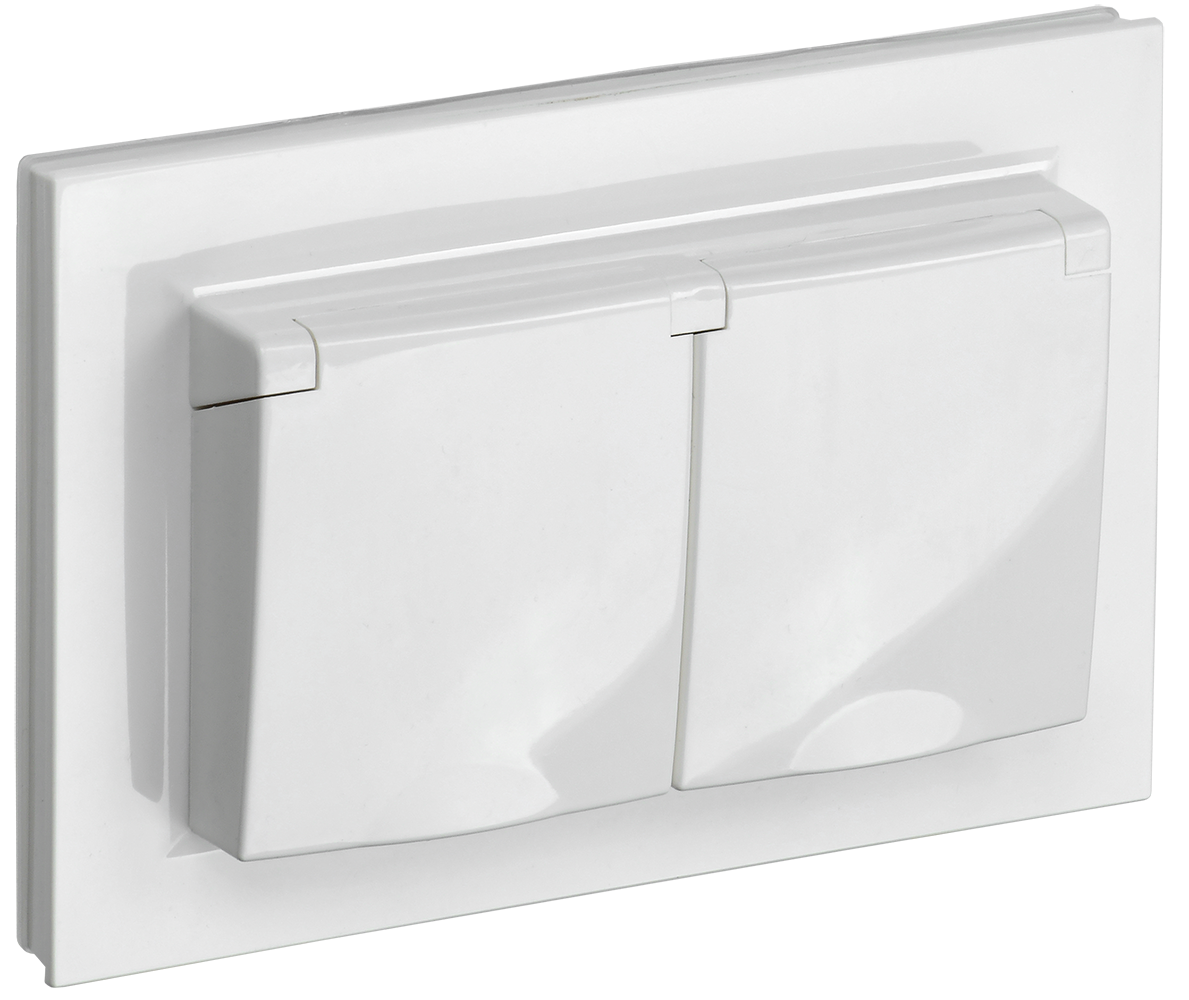 BRITE Розетка 2-местная с заземлением с защитными шторками и крышкой 16А в сборе IP44 РСбш12-3-44-БрБ белый IEK