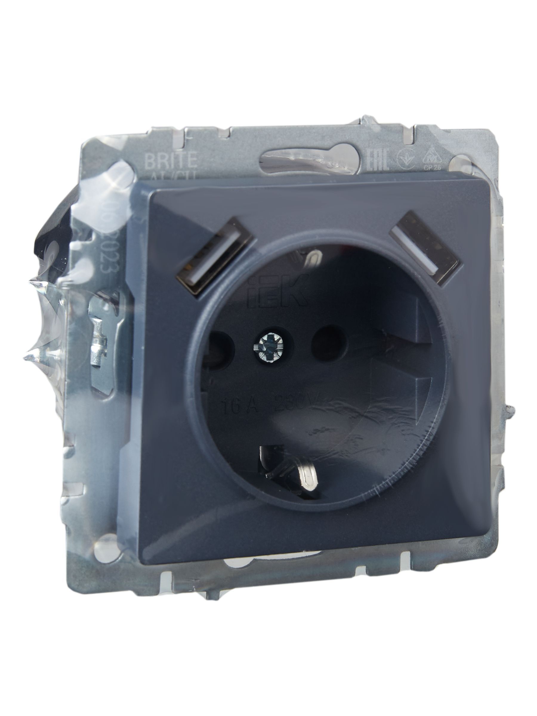 BRITE Розетка 1-местная с заземлением с защитными шторками 16А с USB A+A 5В 2,1А РЮш10-1-БрМ маренго IEK - Фото 5