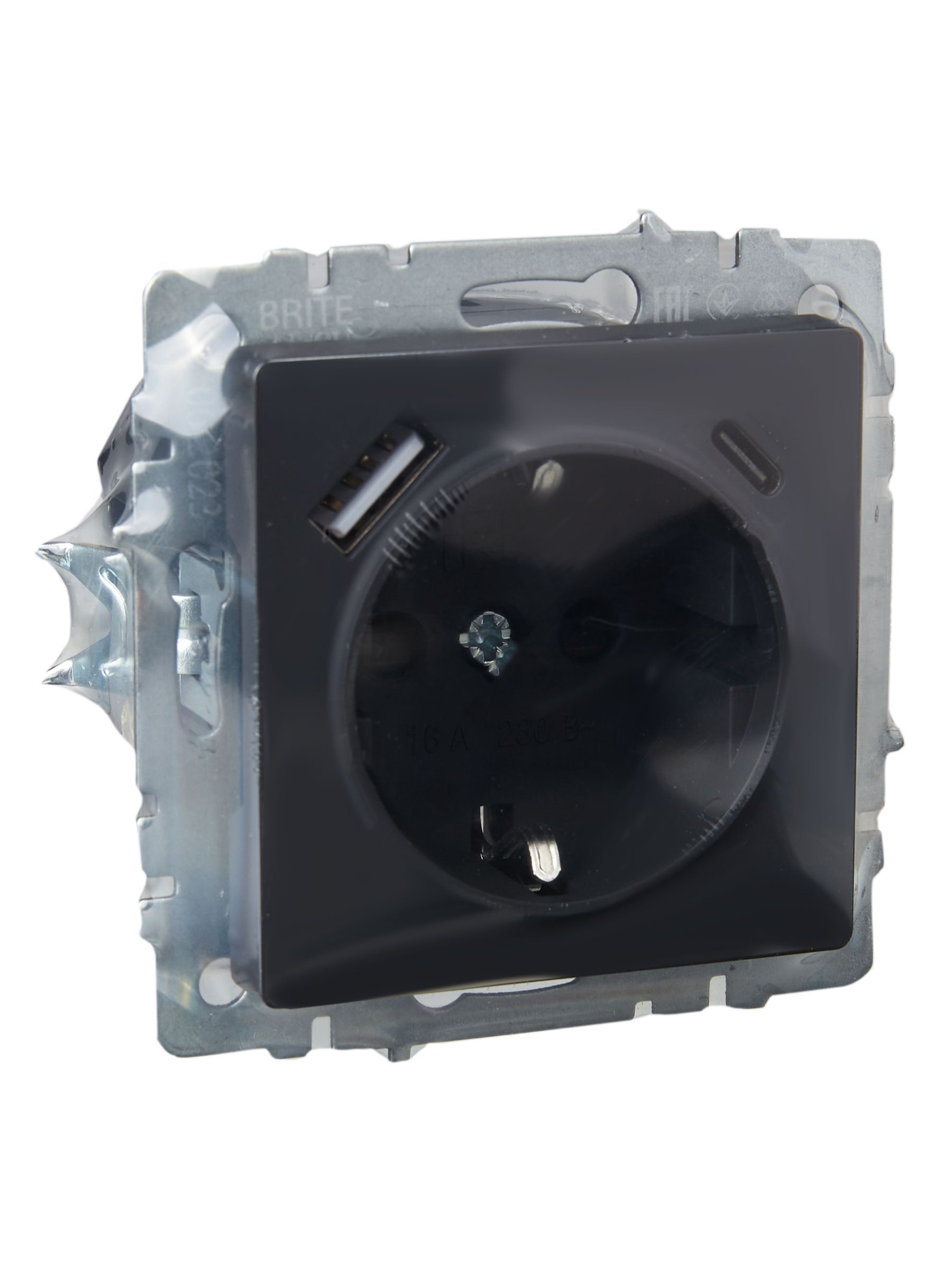 BRITE Розетка 1-местная с заземлением с защитными шторками 16А с USB A+C 18Вт РЮш11-1-БрГ графит IEK - Фото 4