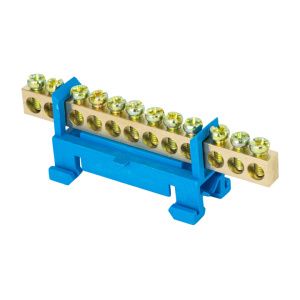 Шина "0" N (6x9мм) 12 отв. латунь синий изолятор тип "Стойка" на DIN-рейку розн. стикер EKF sn0-63-12-sb-r