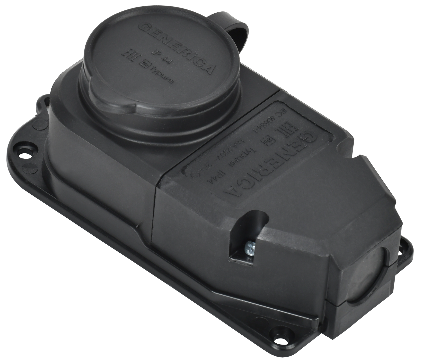 Розетка (колодка) с защитной крышкой 16А IP44 каучук черная GENERICA ERK10-016-01-44-K02-G