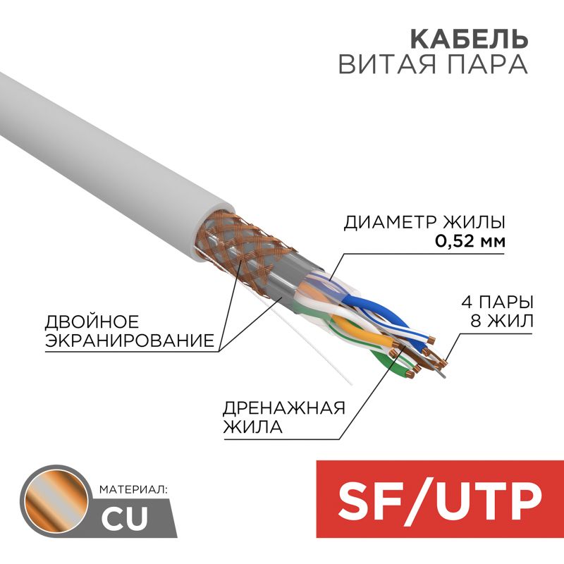 Кабель витая пара SF/UTP, CAT 5e, PVC, 4PR, 24AWG, INDOOR, SOLID, серый, 305м, REXANT 01-0342