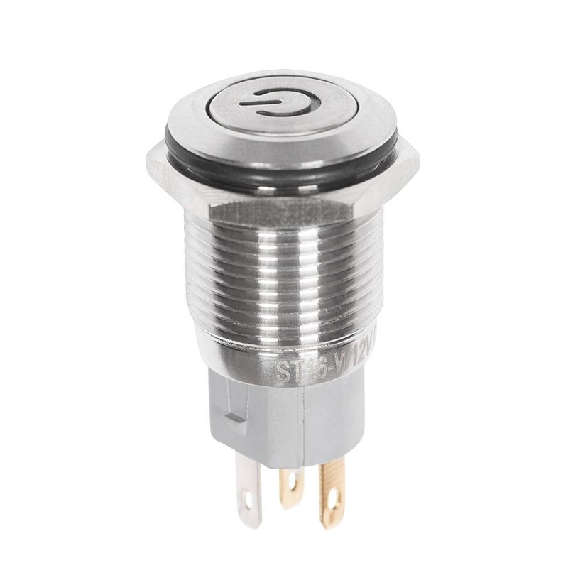 Кнопка антивандальная Ø16 12В(LED) Б/Фикс (5с) OFF-(ON)/ON-(OFF) плоская подсв/синяя POWER (A-16-F5)