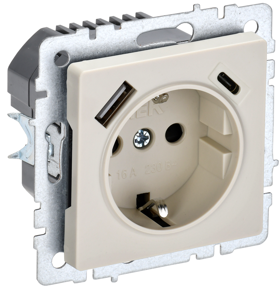 BRITE Розетка 1-местная с заземлением с защитными шторками 16А с USB A+C 18Вт РЮш11-1-БрКр бежевый IEK