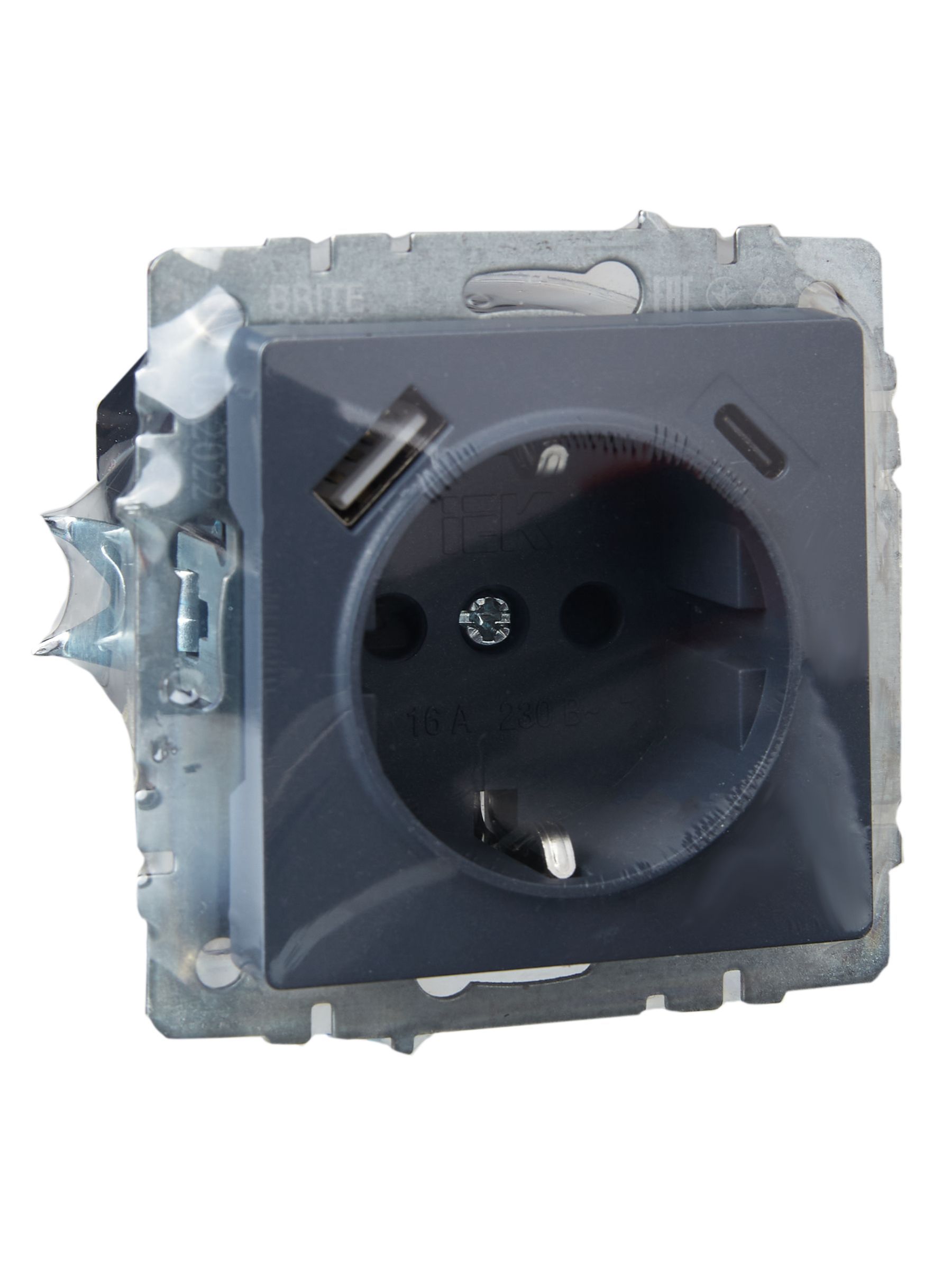BRITE Розетка 1-местная с заземлением с защитными шторками 16А с USB A+C 18Вт РЮш11-1-БрМ маренго IEK - Фото 4