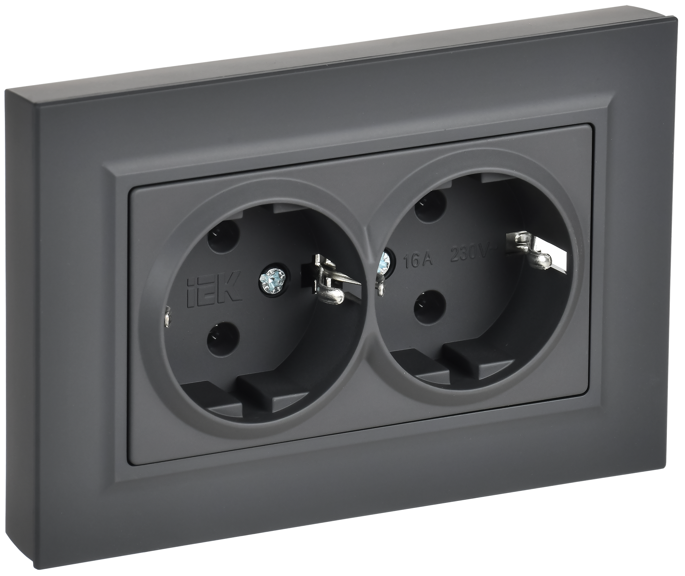 BRITE Розетка 2-местная с заземлением без защитных шторок плоская 16А в сборе РСПл12-3-БрГ графит IEK BR-R27-16-K53-F
