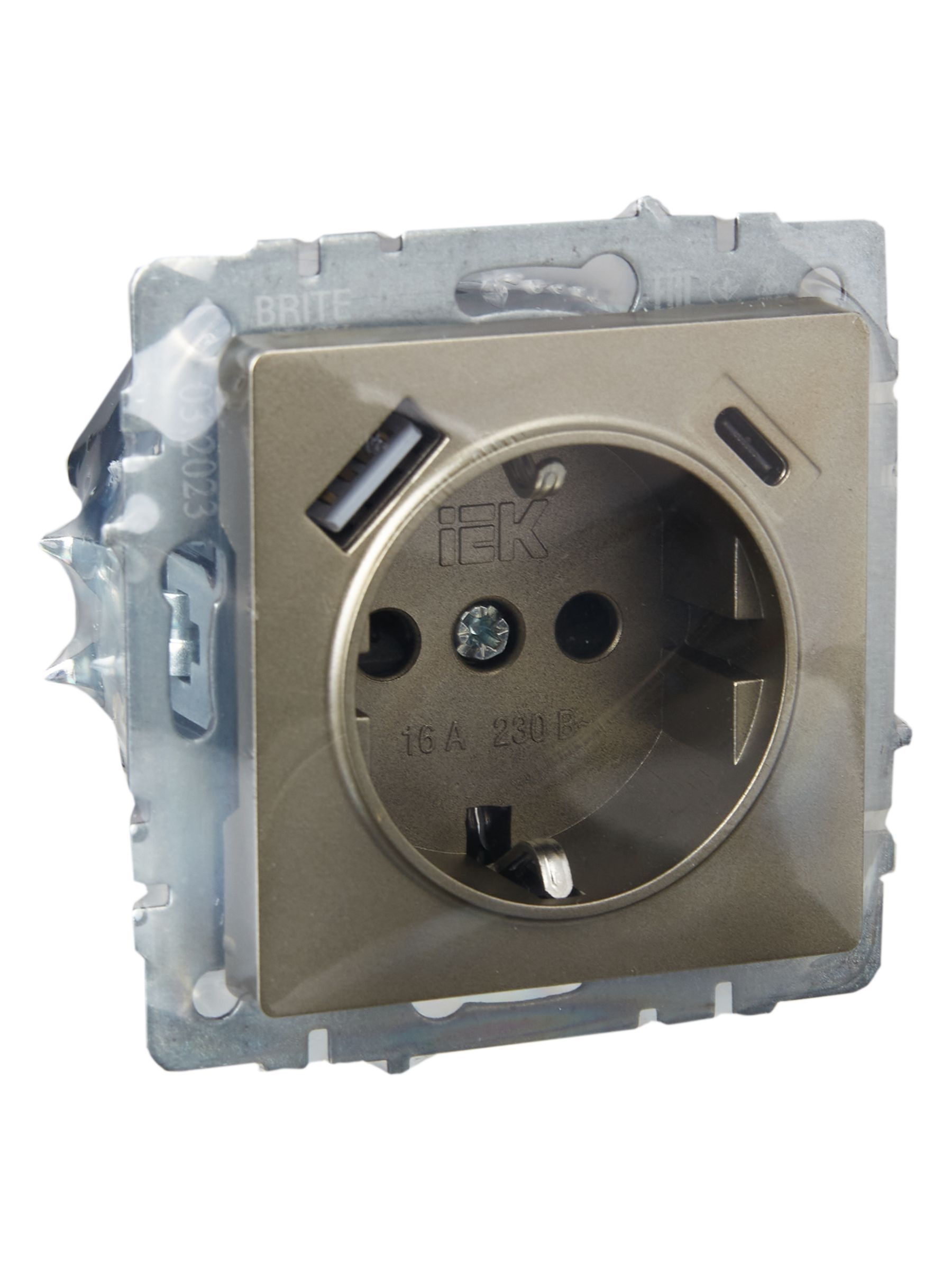 BRITE Розетка 1-местная с заземлением с защитными шторками 16А с USB A+C 18Вт РЮш11-1-БрШ шампань IEK - Фото 2