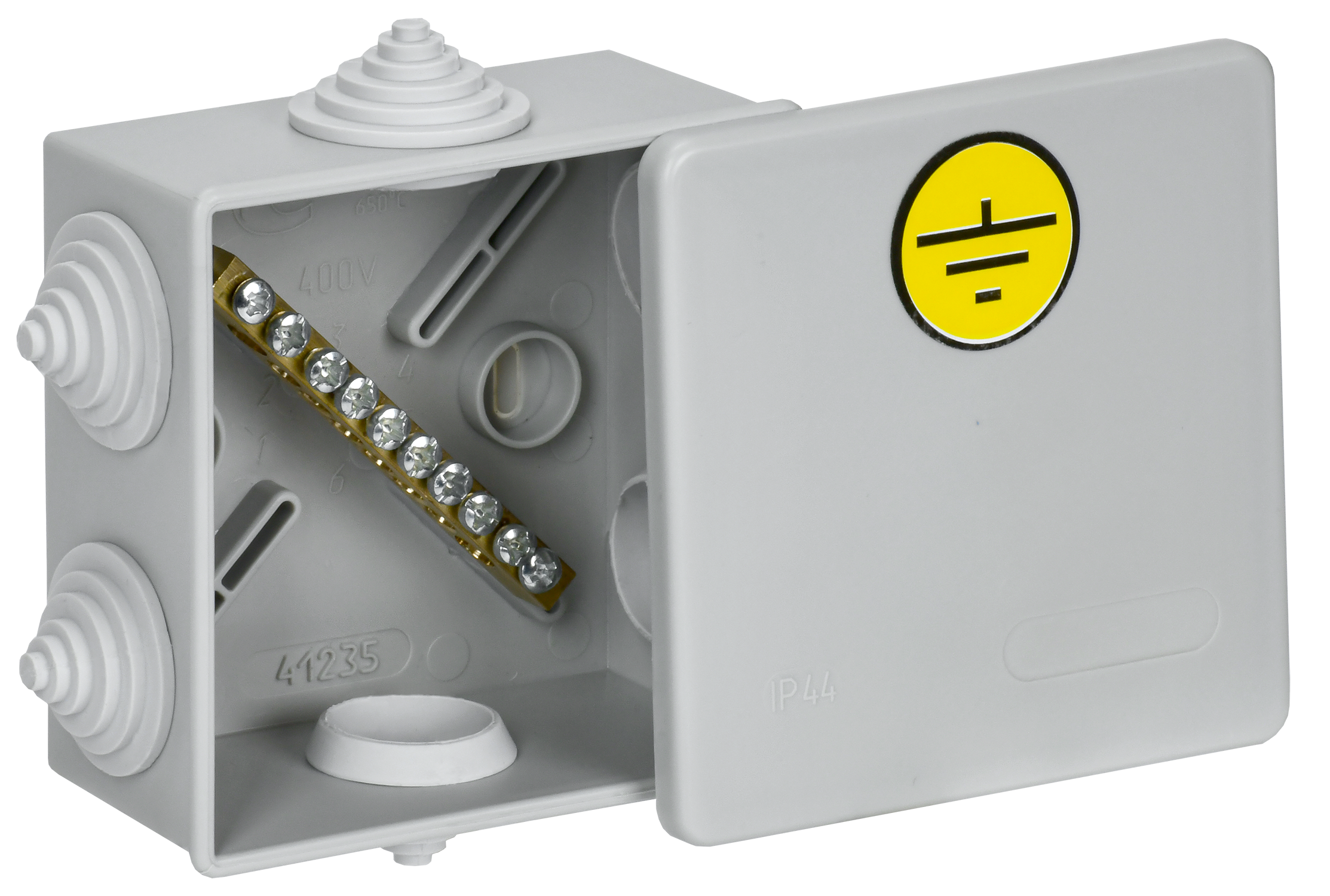 Коробка уравнивания потенциалов КУП 85х85х40мм IP44 КМ41360 с защелкивающейся крышкой безгалогенная (HF) 6 гермовводов (RAL 7035) IEK UKO21-085-085-040-K41-44U