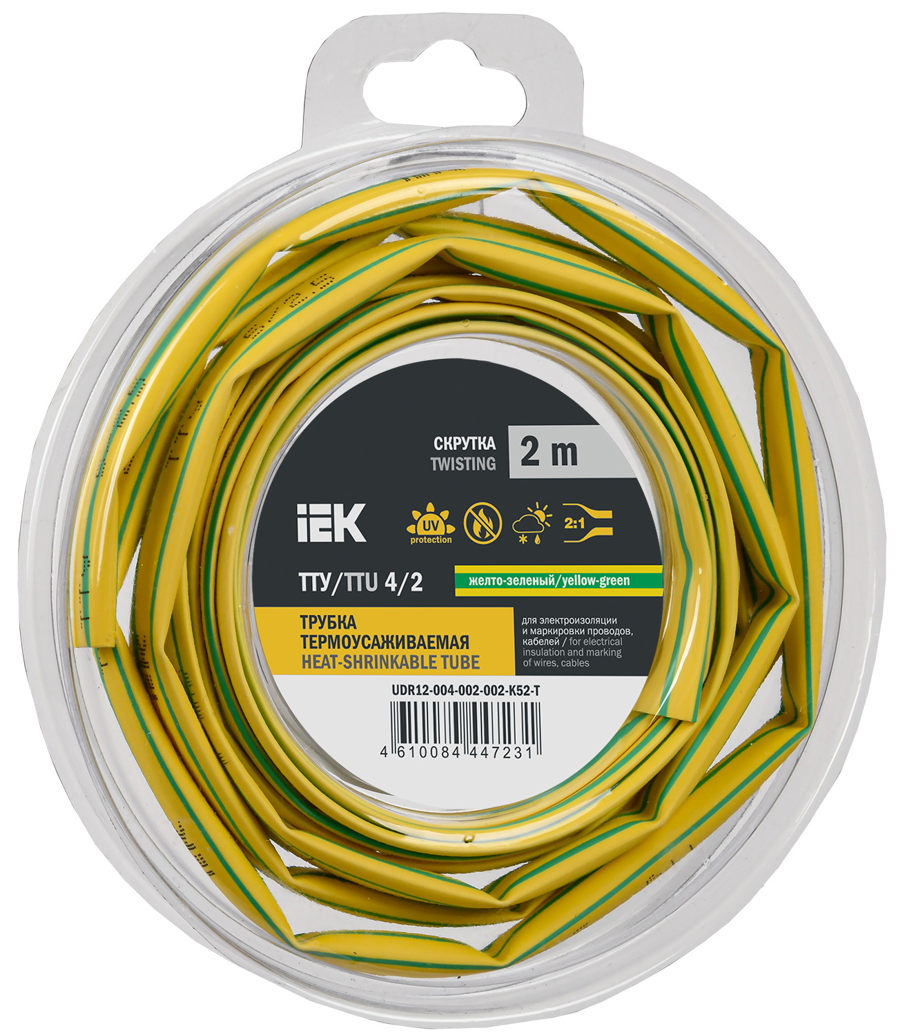 Трубка термоусадочная ТТУ нг-LS 4/2 желто-зеленая (2м/упак) IEK UDR12-004-002-002-K52-T