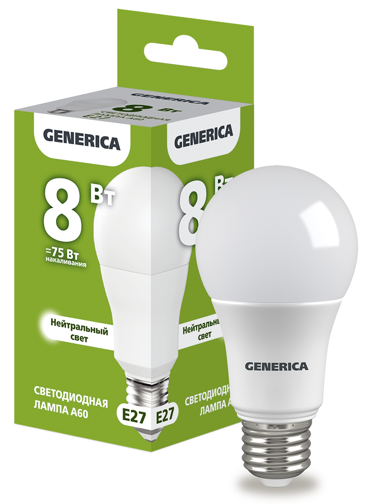Лампа светодиодная A60 груша 8Вт 230В 4000К E27 GENERICA