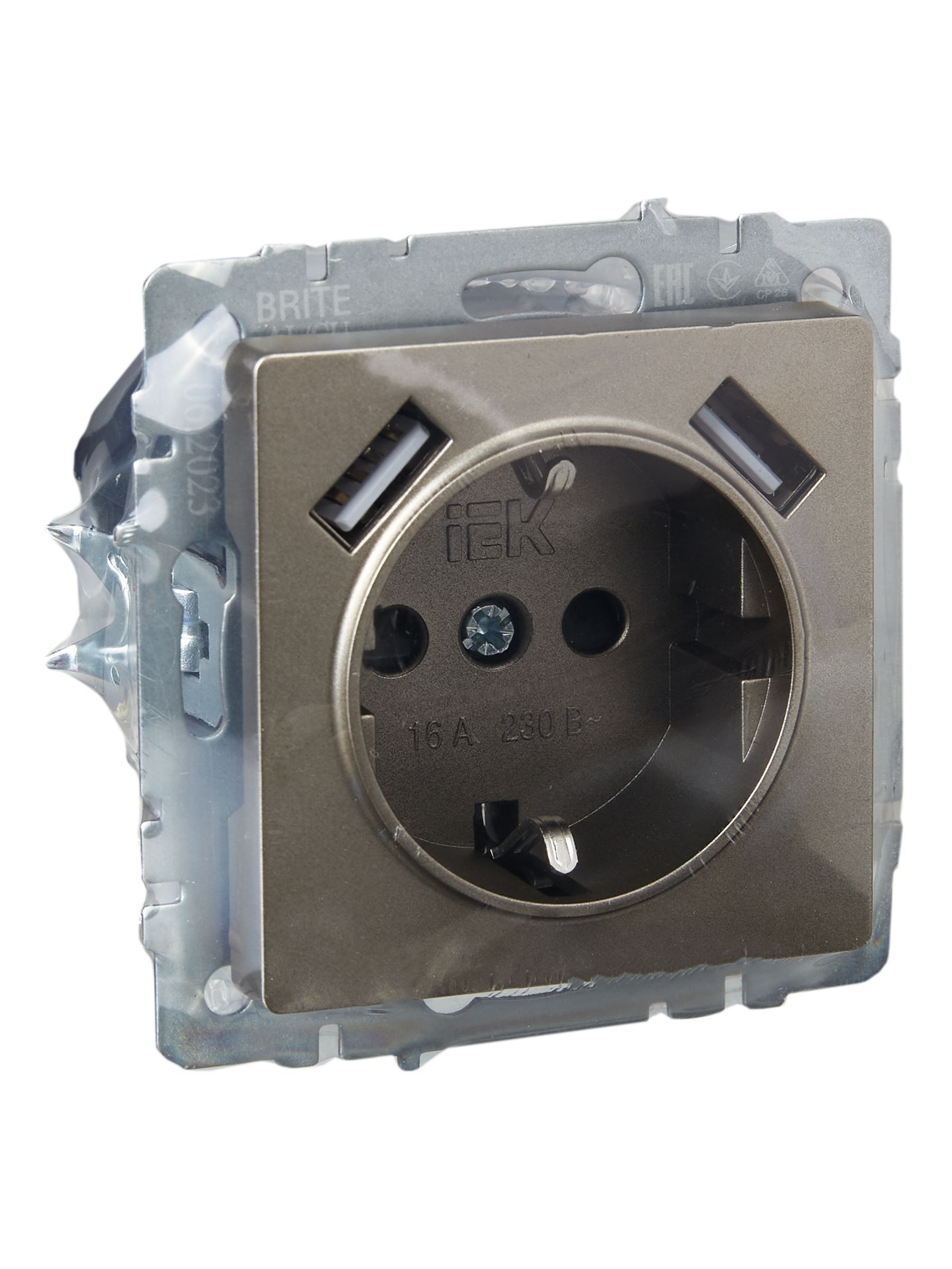 BRITE Розетка 1-местная с заземлением с защитными шторками 16А с USB A+A 5В 2,1А РЮш10-1-БрШ шампань IEK - Фото 7