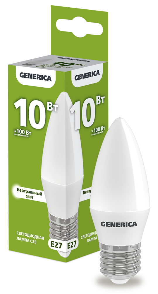 Лампа светодиодная C35 свеча 10Вт 230В 4000К E27 GENERICA