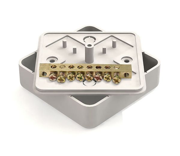 Коробка уравнивания потенциалов (КУП) 75х75х20мм с общей шиной 6х9, 8групп, наклейка "заземление" в 