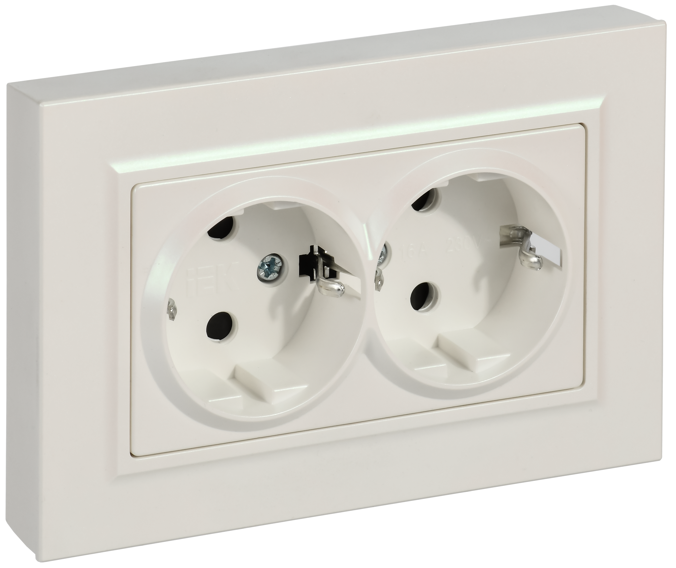 BRITE Розетка 2-местная с заземлением с защитными шторками плоская 16А в сборе РСшПл12-3-БрЖ жемчуг IEK BR-R28-16-K36-F