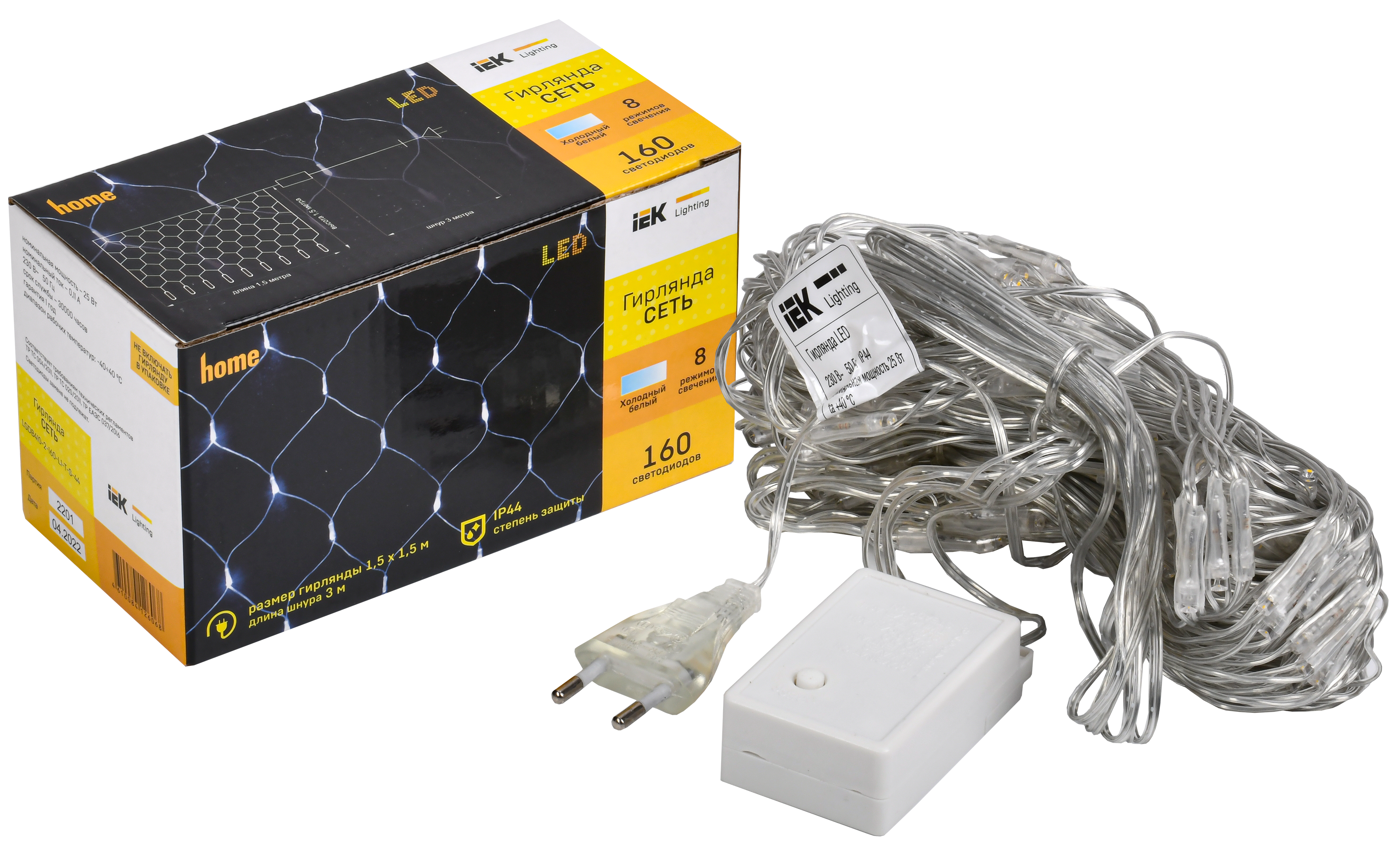 LIGHTING Гирлянда сеть 1,5х1,5м 160 светодиодов белый свет IP20 прозрачный шнур 3м 230В контроллер 8 сцен IEK - Фото 2
