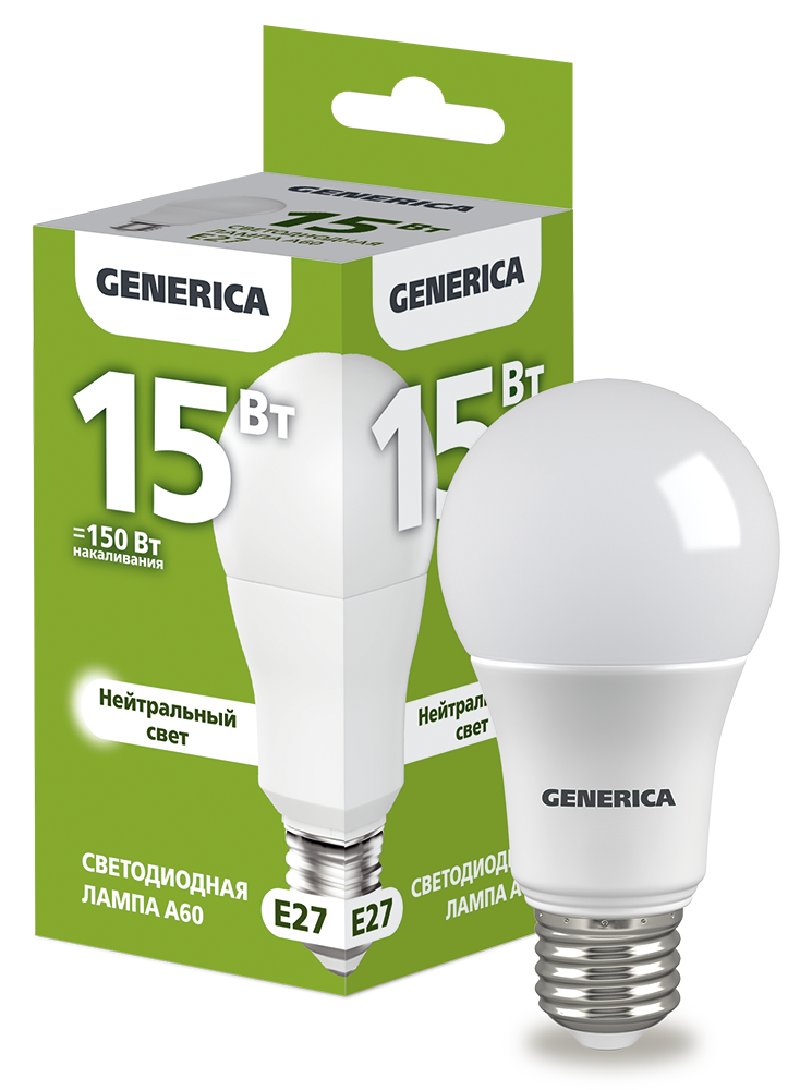 Лампа светодиодная A60 груша 15Вт 230В 4000К E27 GENERICA LL-A60-15-230-40-E27-G