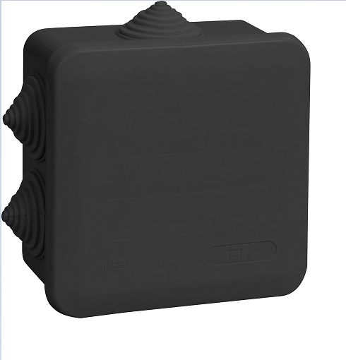 Коробка распаячная КМ41255 для открытой проводки с защелкивающейся крышкой безгалогенная (HF) 100х100х50мм IP44 6 гермовводов черная (RAL 9005) IEK UKO21-100-100-050-K02-44