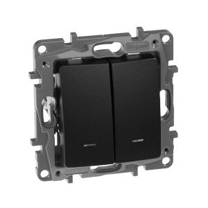 ETIKA Выключатель 2-клавишный с подсветкой/индикацией схема 5L 10АХ безвинтовые зажимы антрацит 672604